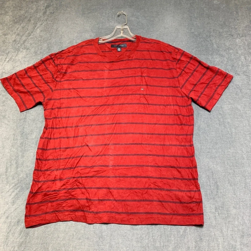 Tommy Hilfiger T Shirt Mens XL Scarlet Red Striped Crew Neck Casual Pullover